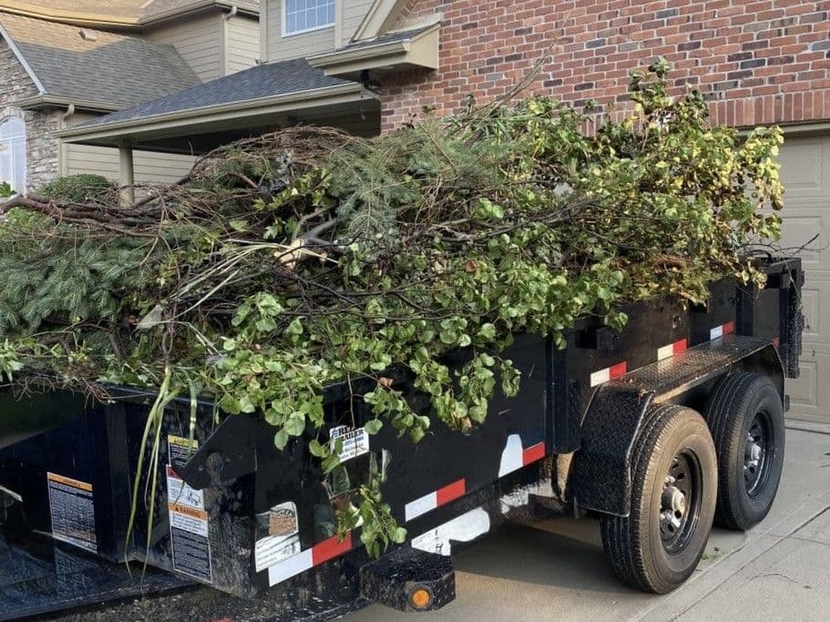 Black trailer filled with freshly cut branches and yard waste parked in a driveway.